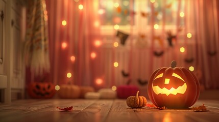 Obraz premium Illuminated jack-o'-lantern on a wooden floor with festive lights and a small pumpkin.