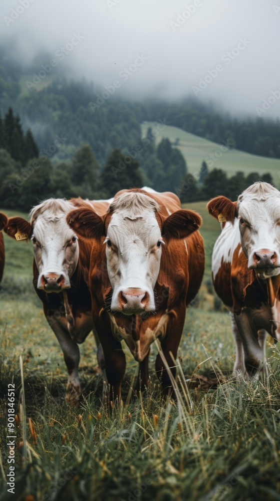 Poster Three cows standing in a field with a cloudy sky in the background
