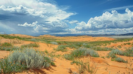 Fototapeta premium Desert Landscape in Bloom After Rain with Green Grass and Wildflowers Under Partly Cloudy Sky