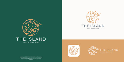 minimalist the island logo of sun beach waves and palm tree line art vector.