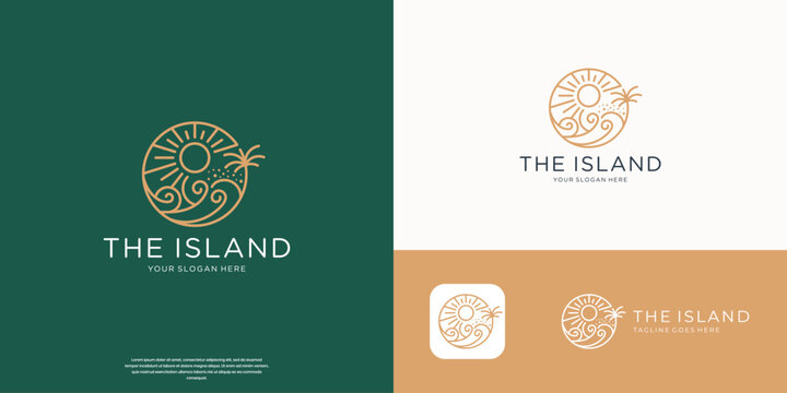 minimalist the island logo of sun beach waves and palm tree line art vector.