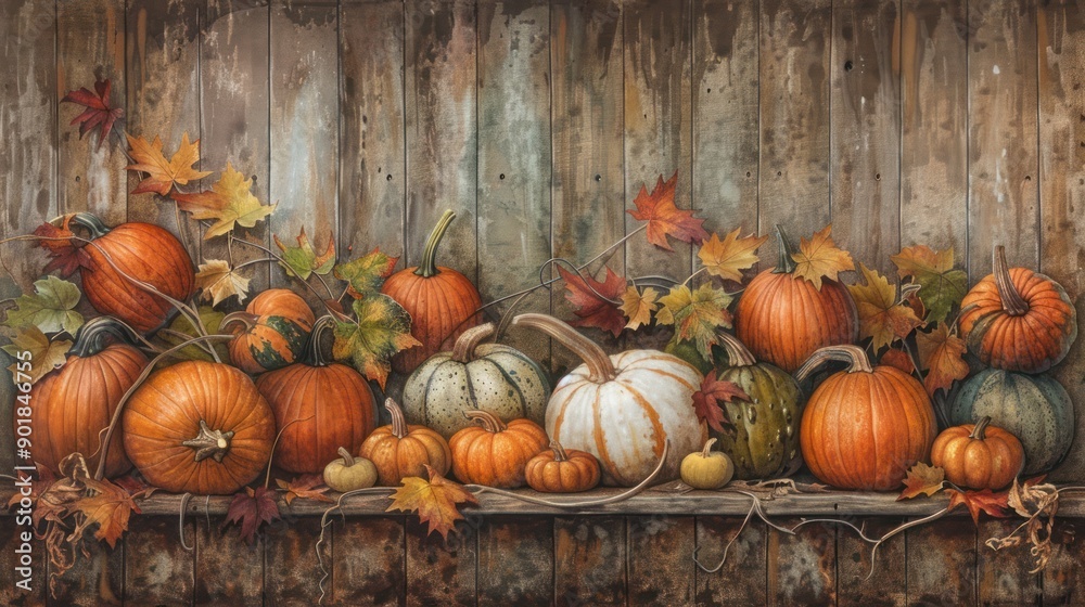 Canvas Prints Pumpkins and fall leaves rest on a rustic wooden shelf.