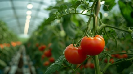 Close-up of ripe tomatoes still on the vine, growing inside a greenhouse