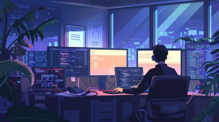 DevOps Engineer Configuring CI/CD Pipeline in High-Tech Office with Multiple Screens Displaying Code