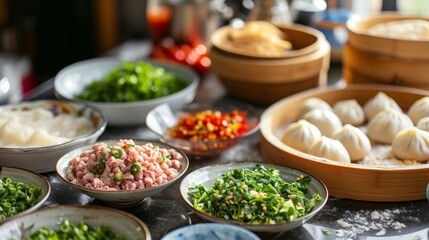 Fototapeta premium Fresh ingredients for making Chinese dumplings