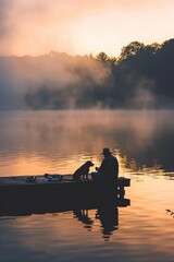 Serene Morning Fishing with Dog on Misty Lakeside Dock - Tranquil Sunrise Scene for Posters