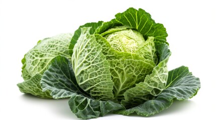 Obraz premium Fresh green cabbage head isolated on a pure white background
