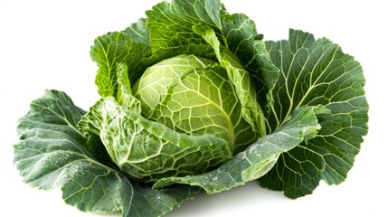 Obraz premium Fresh green cabbage head isolated on a pure white background