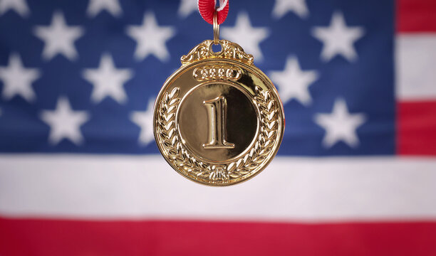 Gold silver and bronze mockup trophy medals with ribbon against United States of America flag.