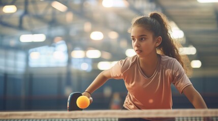 Young girl playing pickleball in an indoor sports complex