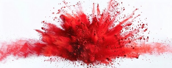 Bright red Holi paint powder explosion against a white background, captured mid-air with intricate details.