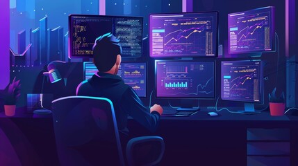 DevOps Engineer Setting Up CI/CD Pipeline in High-Tech Workspace with Multiple Monitors