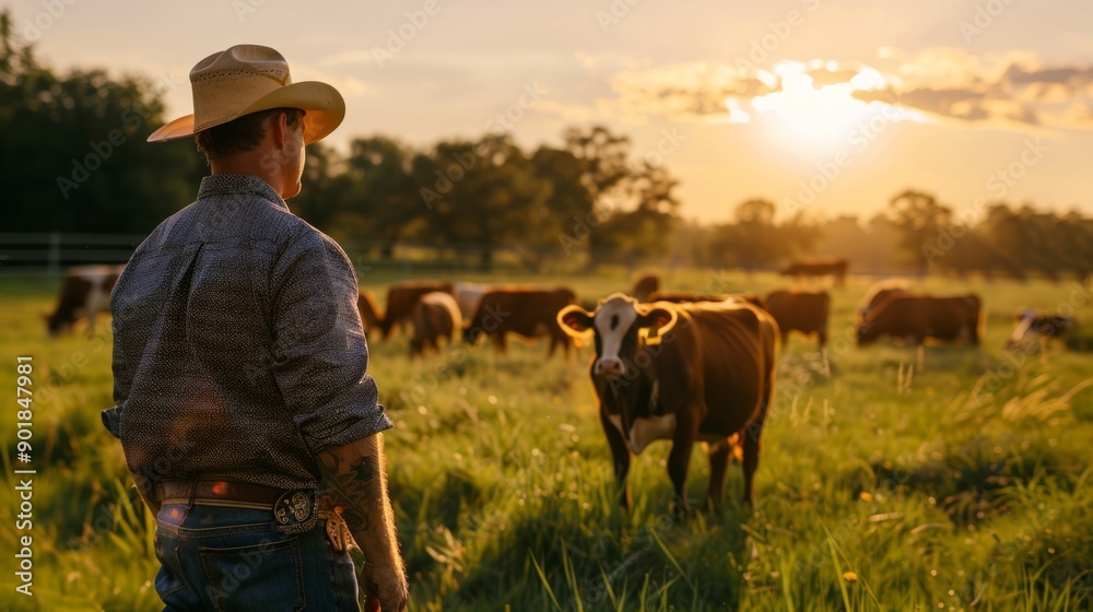 Poster a man in a cowboy hat stands in a field with cows
