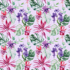 flora seamless pattern Tropical palm leaves flowers exotic floral background, watercolor orchid, passionflower, monstera