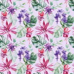 Fotobehang Tropische Bladeren flora seamless pattern Tropical palm leaves flowers exotic floral background, watercolor orchid, passionflower, monstera  © Hanna