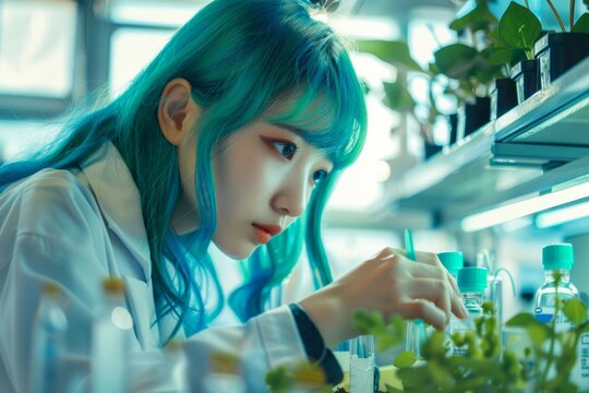 Schoolgirl Conducting Biology Experiment with Plant Samples in School Laboratory Setting