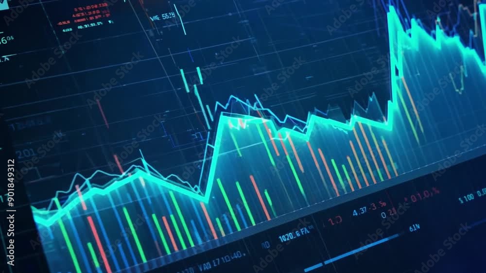 Poster a close-up view of a digital screen displaying various financial charts, including line graphs and b