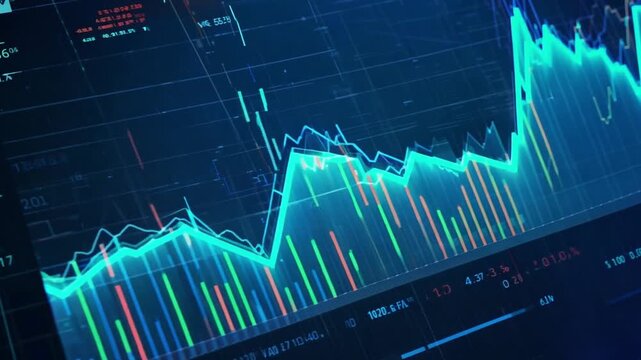 A close-up view of a digital screen displaying various financial charts, including line graphs and bar graphs, with colorful lines and numerical data.