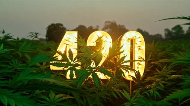 A large number 420 between lush green cannabis, hemp leaves - concept for marijuana day celebration