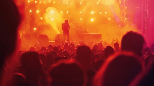 Silhouetted crowd at a concert, bathed in warm stage lights.