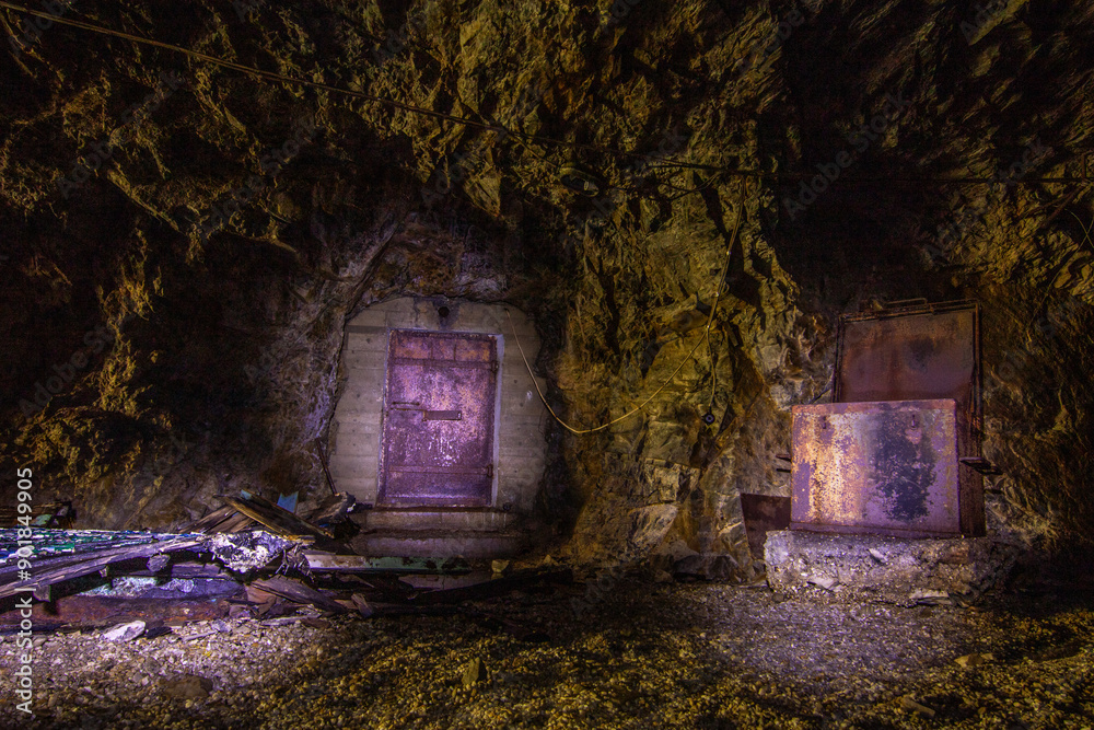 Wall mural photo taken in a mine shaft. abandoned mine for mining rocks. dark abandoned corridors near amal, sw