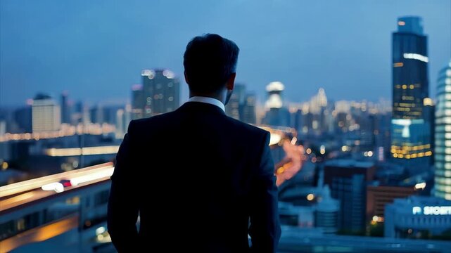 Back view of businessman wearing a suit which opens onto the office balcony and looks at the night city with lights.