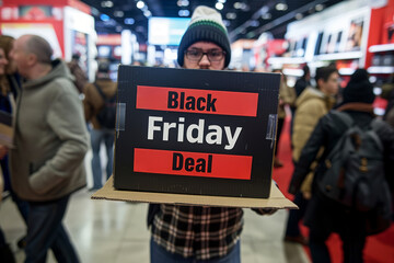 Black Friday Deal Banner Held by Shopper in a Busy Electronics Store