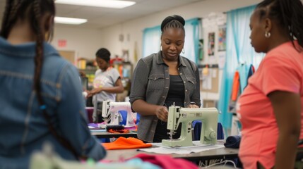 Fashion Design Classes: Instructor Guiding Students with Sewing Machines and Textile Designs