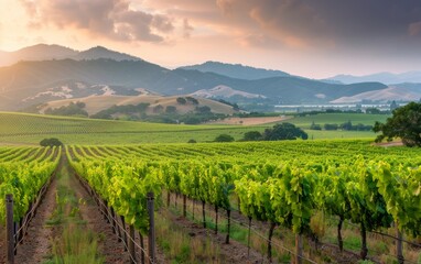 Fototapeta premium Vineyard Rows in Morning Mist