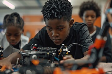 Afro American Student Engages in Robotics Club Assembly with Peers and Tools