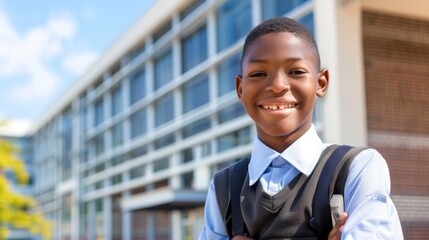 Proud Schoolboy in Uniform Standing Smiling in Front of School Building on a Sunny Day