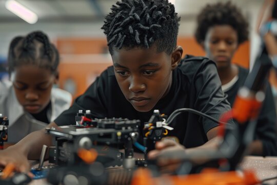 Afro American Student Engages in Robotics Club Assembly with Peers and Tools