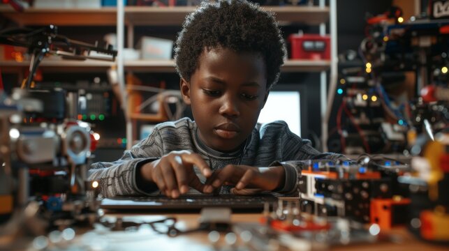 Young Student Coding a Robot during Robotics Club Meeting, Engaged with Laptop and Robot Parts