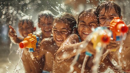 Group of children having a water gun fight, with water droplets captured in mid-air and laughter in the air