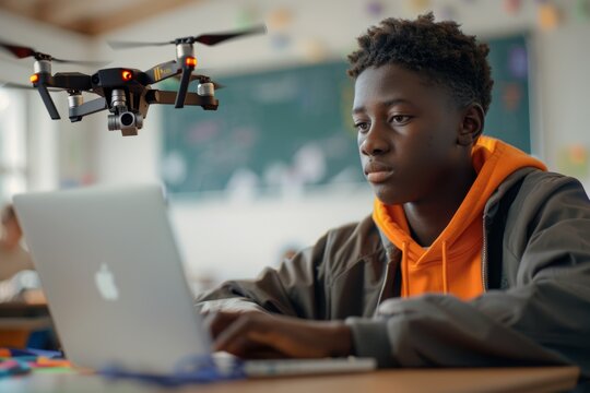 Young Student Programming Drone in Tech Classroom for Innovative Learning Experience