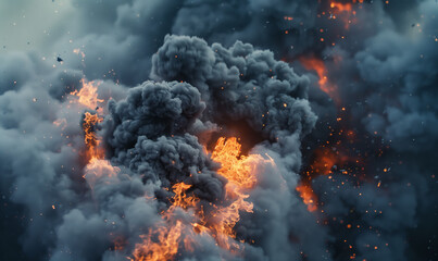 Fire bomb explosion close up detail, flying glowing particles. Grey and black smoke. War zone concept background.