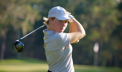 a lady golfer preparing to to swing golfing.generative ai