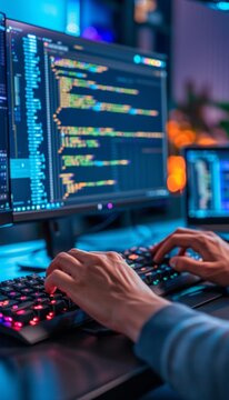 Close-Up of Software Developer Coding Python on a Mechanical Keyboard in High-Tech Environment