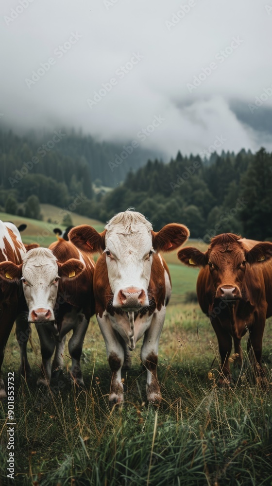 Poster A herd of cows are standing in a field with a cloudy sky in the background