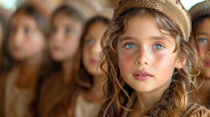 Obraz premium Group of children listening attentively to teachings about repentance and forgiveness on Yom Kippur, engaging with the significance of the day