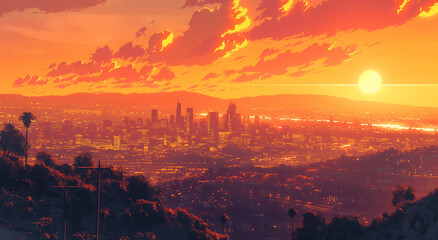 Obraz premium Pixelated Sunset Cityscape with Hills and River - Editorial Illustration Featuring California Plein Air Style in Animated Gif Format