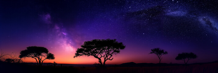 Naklejka premium Serene South African Night Sky: Silhouettes of Safari Landscape in Stunning Nature Photography