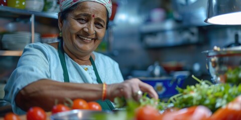 A woman is preparing food by slicing vegetables on a cutting board in a modern kitchen