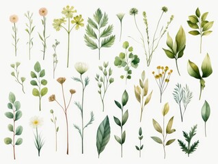 Set of hand drawn watercolor flowers and herbs An assortment of hand painted botanical leaves, featuring various green tones and shapes, suitable for nature designs and illustrations