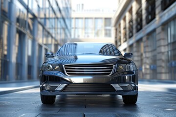 Front view of a generic and brandless modern car, camera lowered to ground level for a dynamic perspective