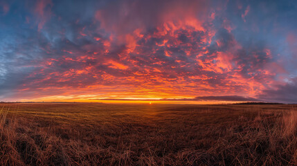 Fototapeta premium Golden Autumn Sunrise Panorama Over Prairie Grass Field