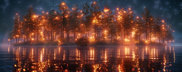 Fototapeta premium Enchanted Forest Island Illuminated by Glowing Lights Under a Starry Night Sky Reflecting on Tranquil Water