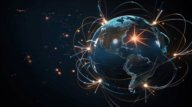 A 3D globe with animated paths circling it, each path ending in a starburst, representing global delivery connections.
