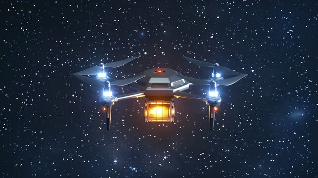 A 3D icon featuring a silver drone carrying a small, glowing package across a starlit night sky background, representing high-tech delivery success.