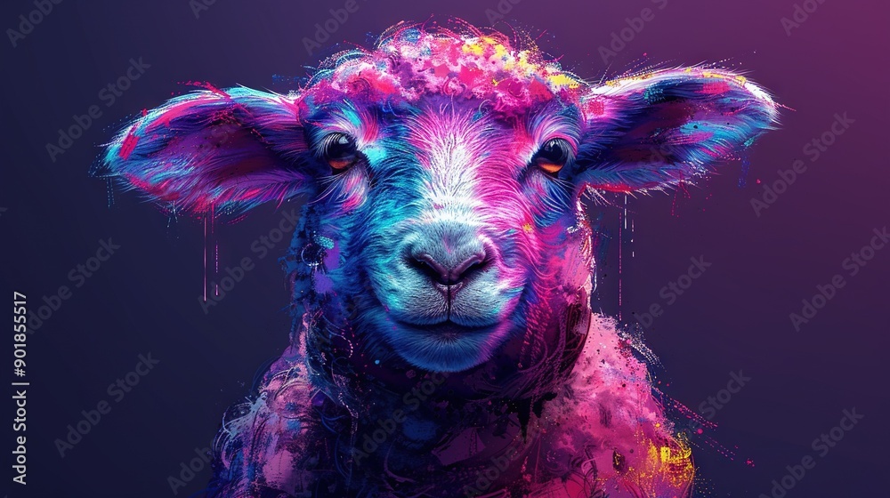 Wall mural   Close-up of sheep's face with splattered paint on its body and head